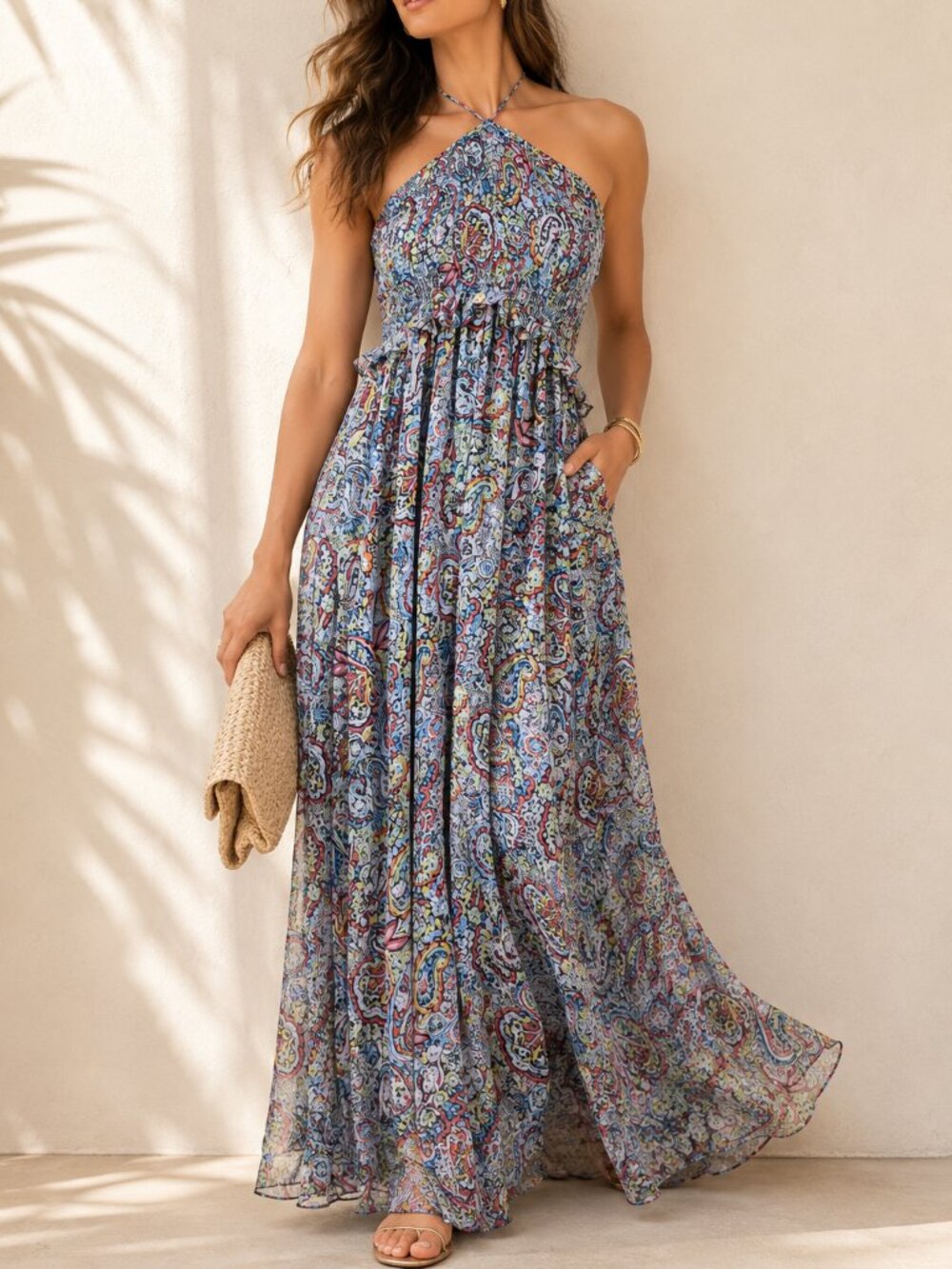 AQUA Metallic Paisley Smocked Halter Maxi Dress Size S